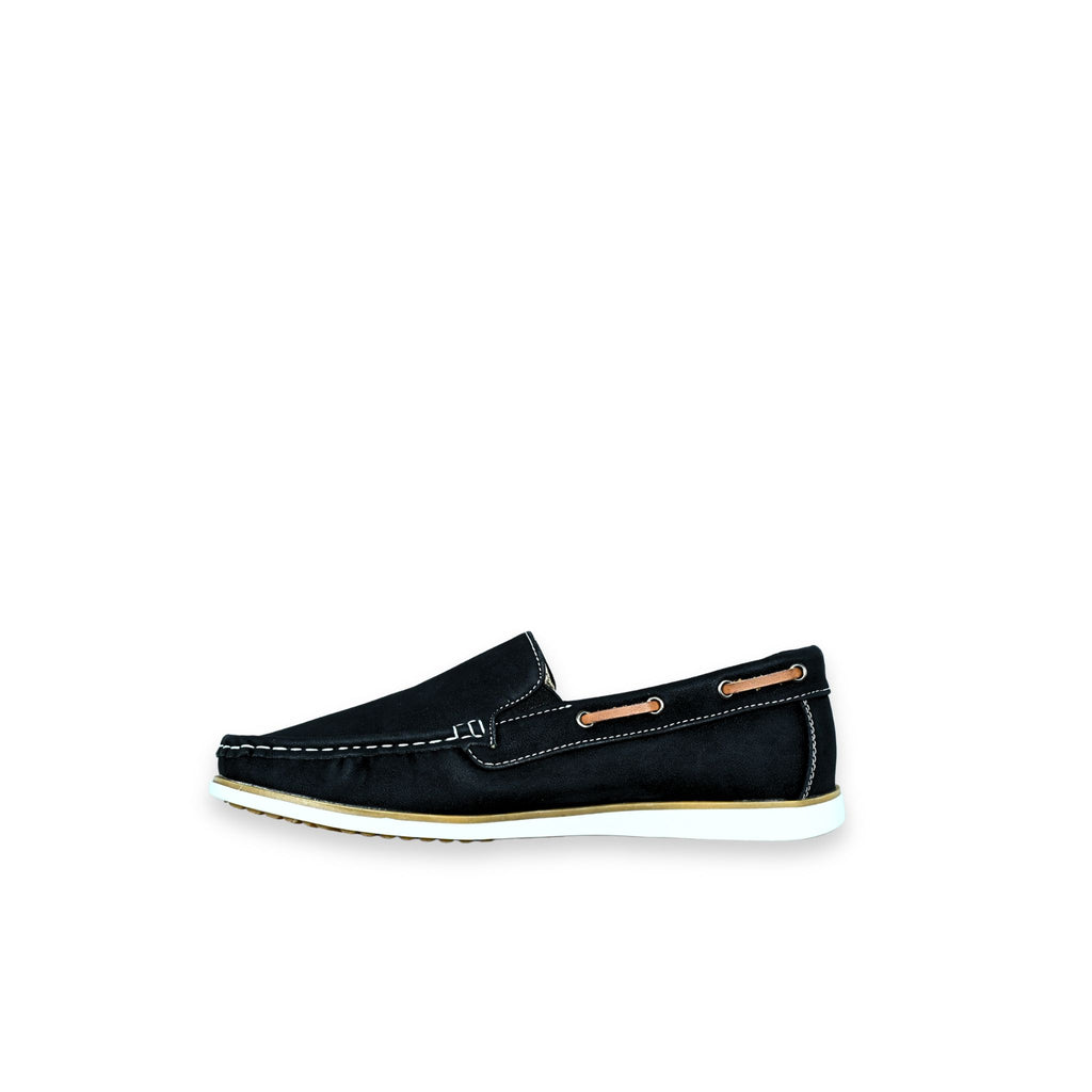 Zapatos náuticos unisex Kalasity negros vista lateral interior, con pespunte blanco a contraste, doble detalle de cordón camel y suela blanca flexible
