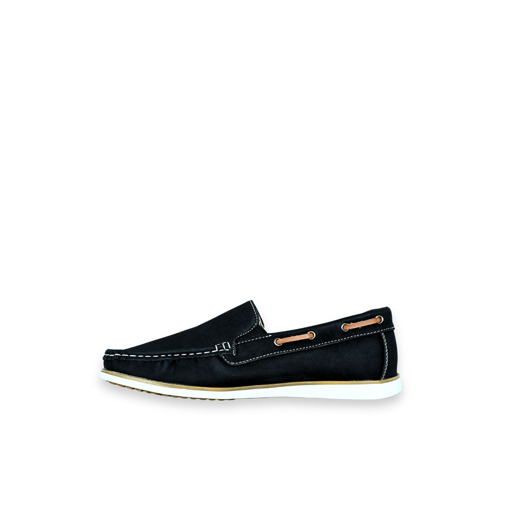 Zapatos náuticos unisex Kalasity negros vista lateral interior, con pespunte blanco a contraste, doble detalle de cordón camel y suela blanca flexible
