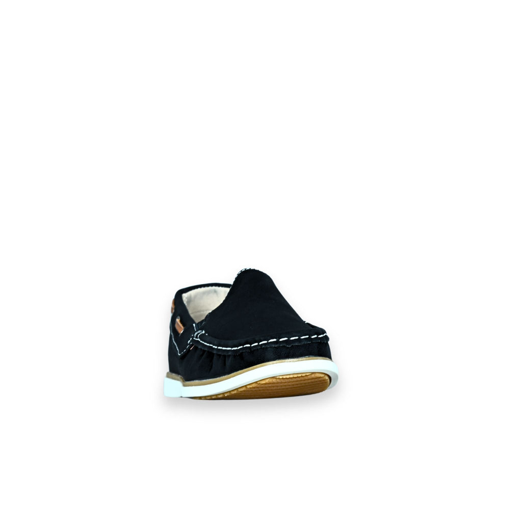 Zapatos náuticos unisex Kalasity negros vista frontal de puntera, con pespunte blanco a contraste y suela blanca
