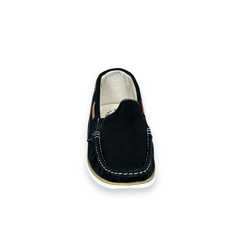 Zapatos náuticos unisex Kalasity negros vista superior de puntera, mostrando la plantilla anatómica clara y el pespunte blanco a contraste
