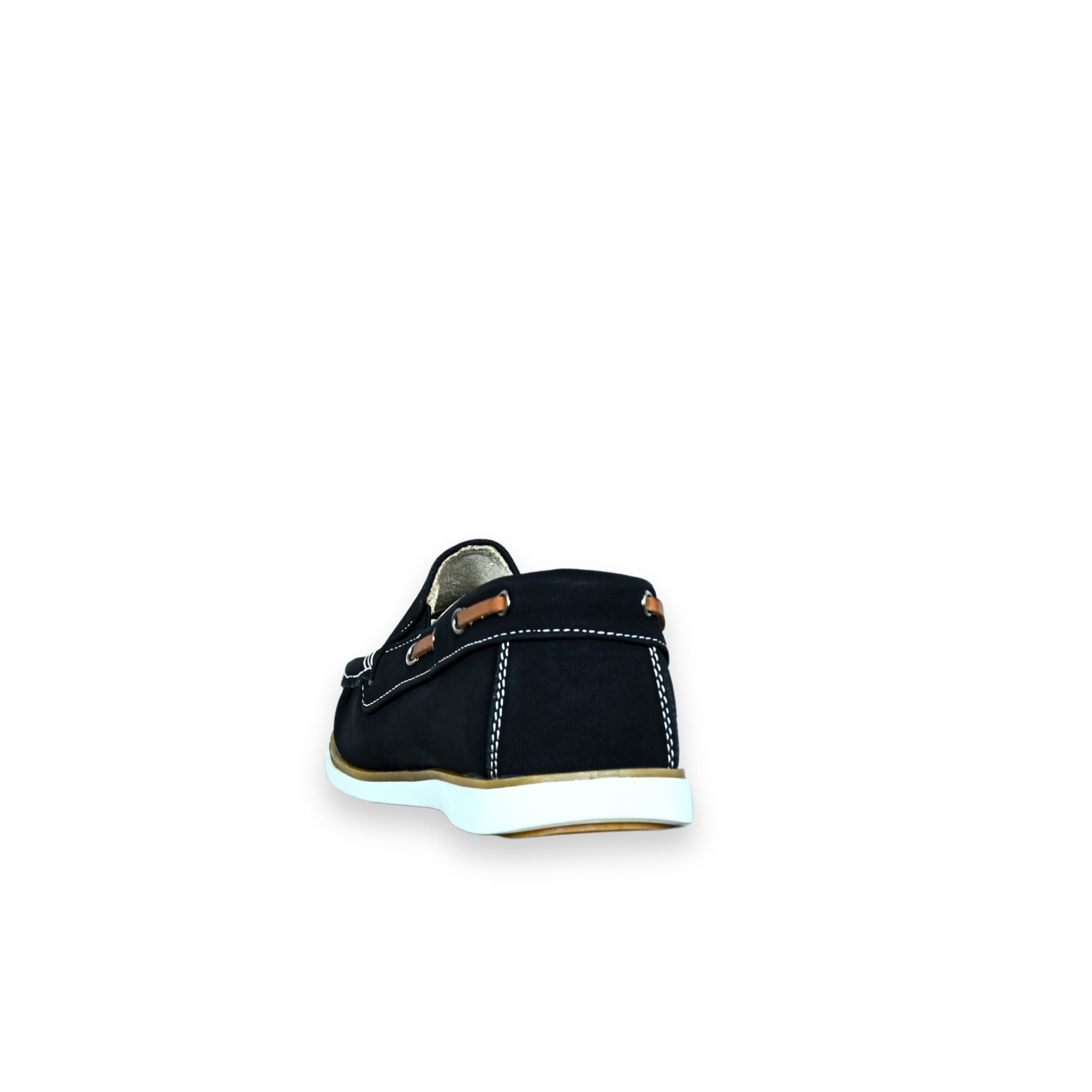 Zapatos náuticos unisex Kalasity negros vista trasera de talón, con pespunte blanco a contraste, detalle de cordón camel y suela blanca flexible
