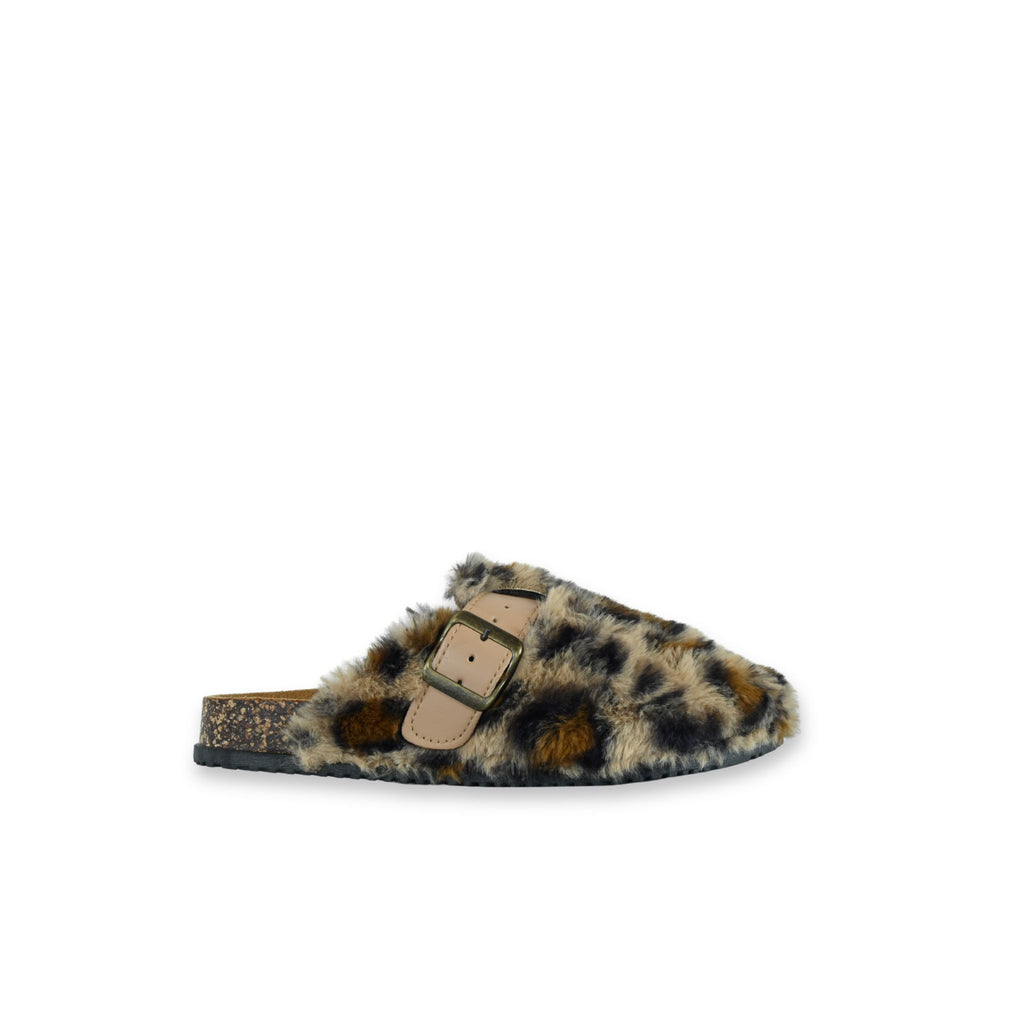 Zueco bio pelo leopard print White Tabs vista frontal hebilla camel 
