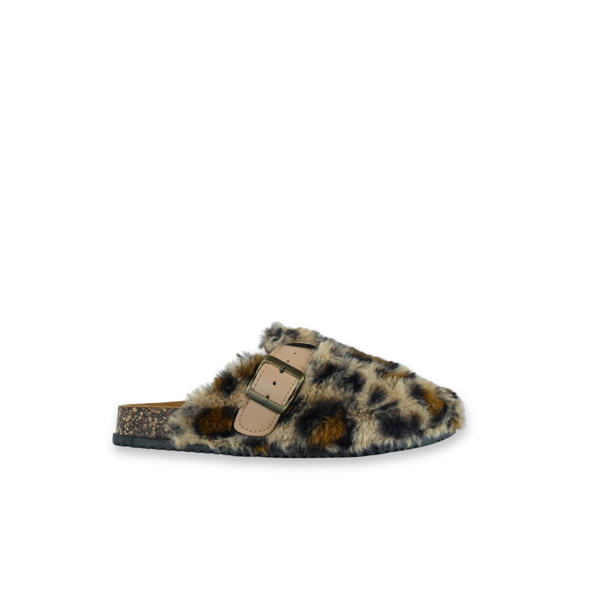 Zueco bio pelo leopard print White Tabs vista frontal hebilla camel 
