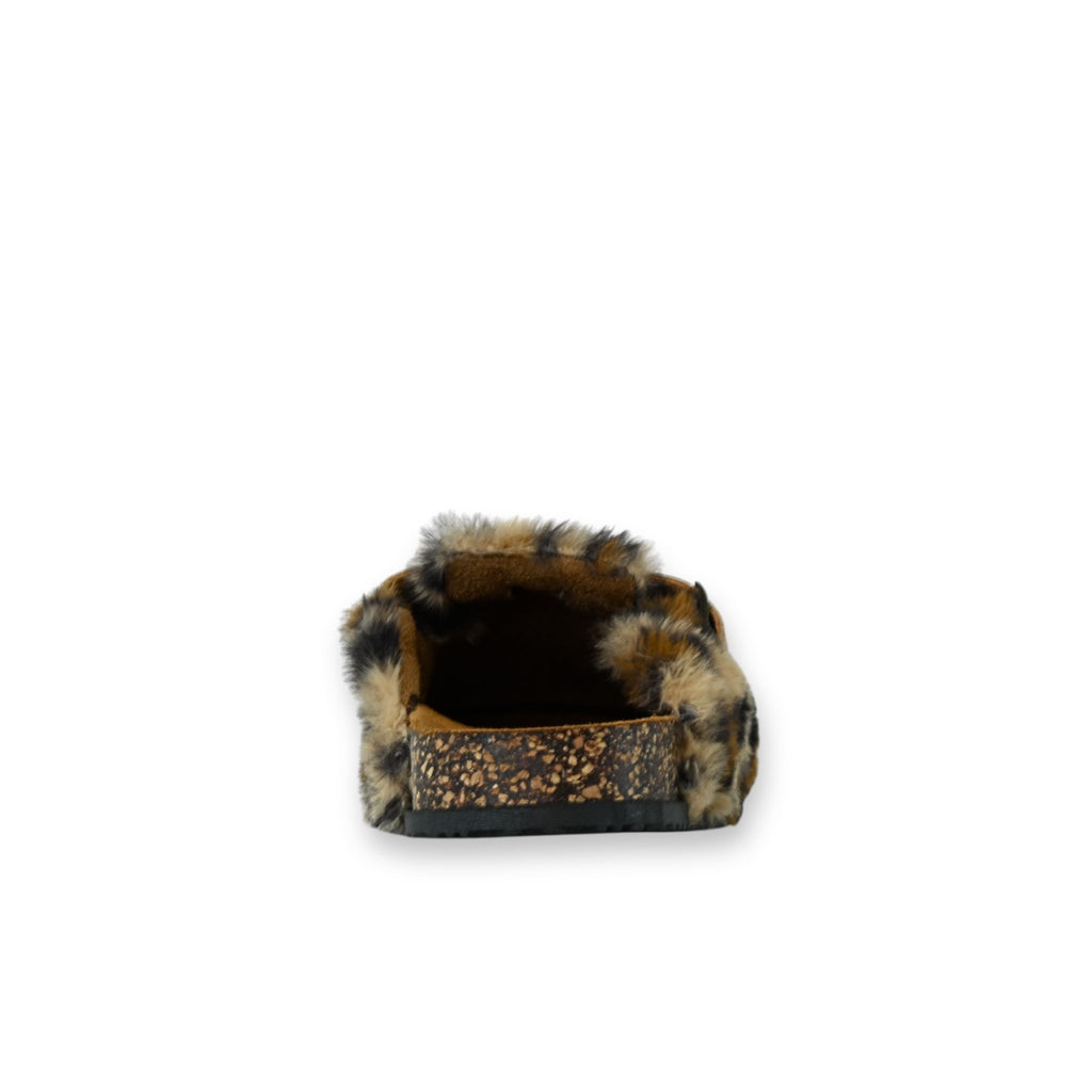Zueco bio pelo leopard print White Tabs vista trasera talón suela corcho
